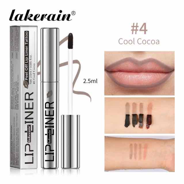 Lakerain Peel Off Lip Liner Tattoo in shade #4 Cool Cocoa showing the product packaging, applicator, lip swatch with precise lip definition, and color swatches on skin.