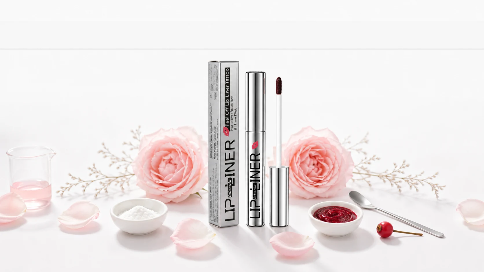 Silver lip liner tube, applicator, and packaging centered on a white surface with pink roses, petals, red pigment, white powder, and glassware.