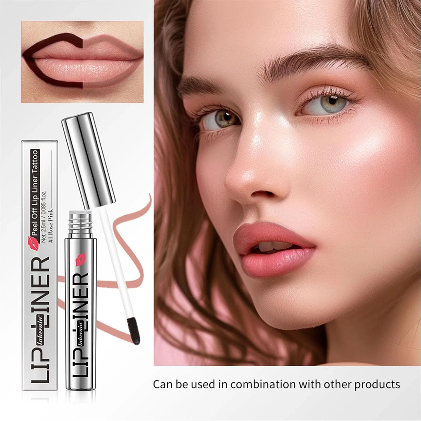 Lakerain peel-off lip liner source product graphic showing product details, usage, shade, or benefit information.