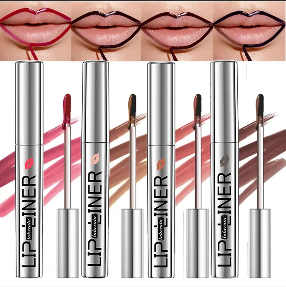 Lakerain peel-off lip liner main product display showing silver tubes, applicators, and shade options.