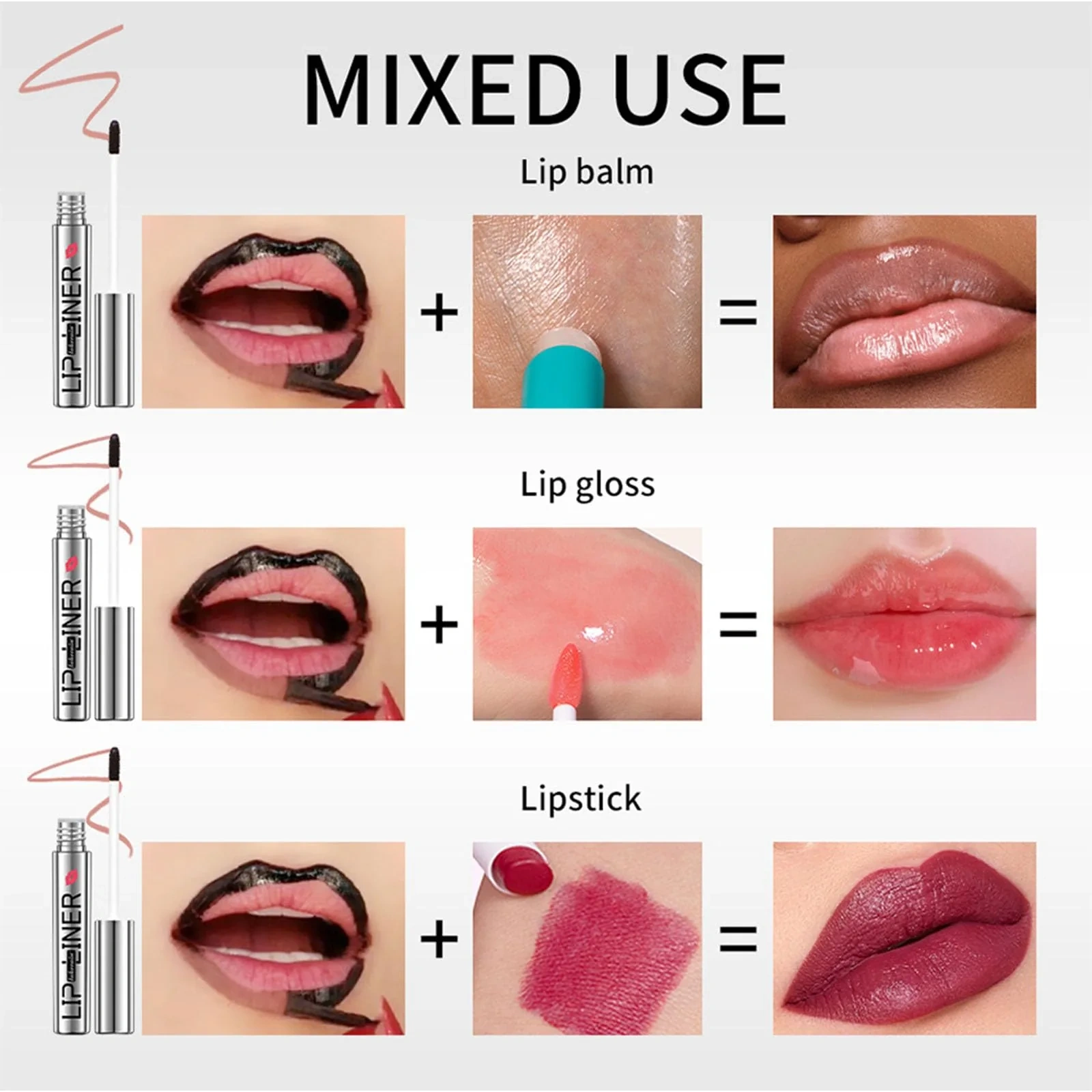 Mixed-use guide showing Lakerain peel-off lip liner layered with lip balm, lip gloss, or lipstick.