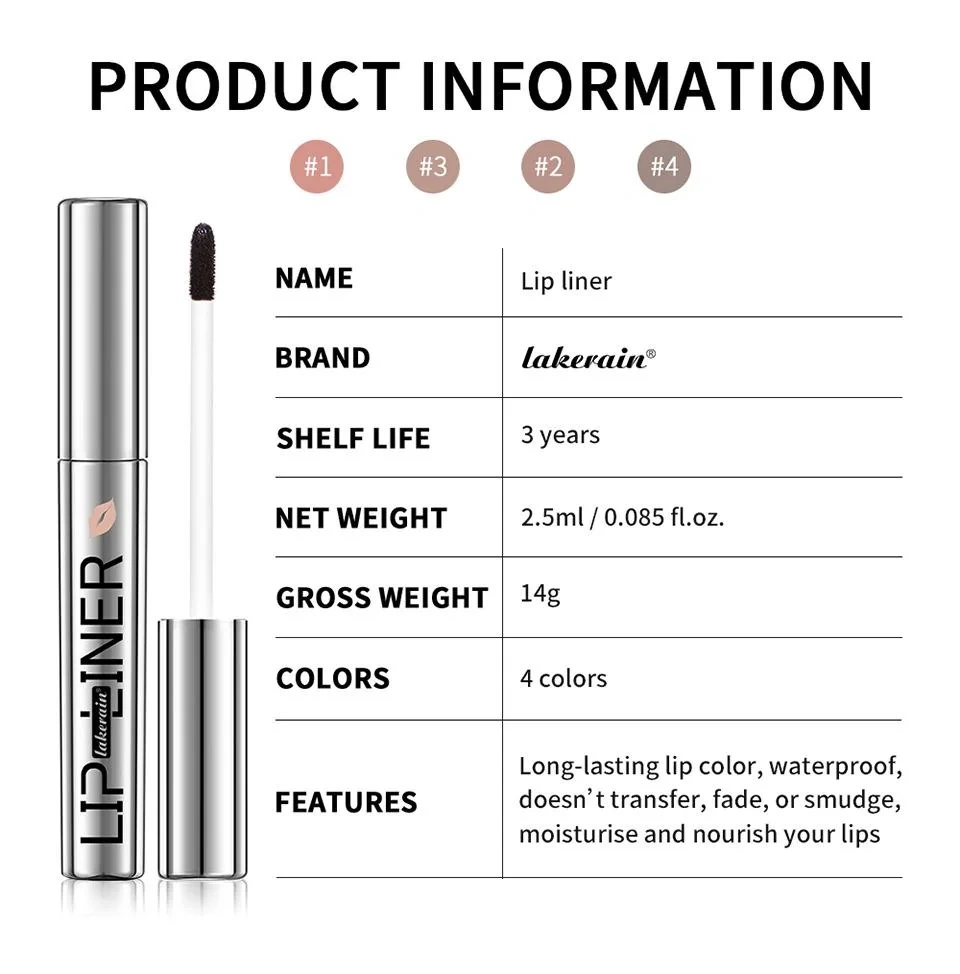 Lakerain peel-off lip liner product information chart with size, shelf life, colors, and features.