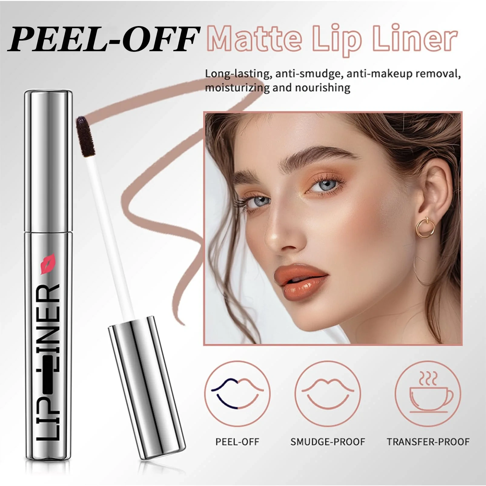 Lakerain peel-off lip liner source product graphic showing product details, usage, shade, or benefit information.