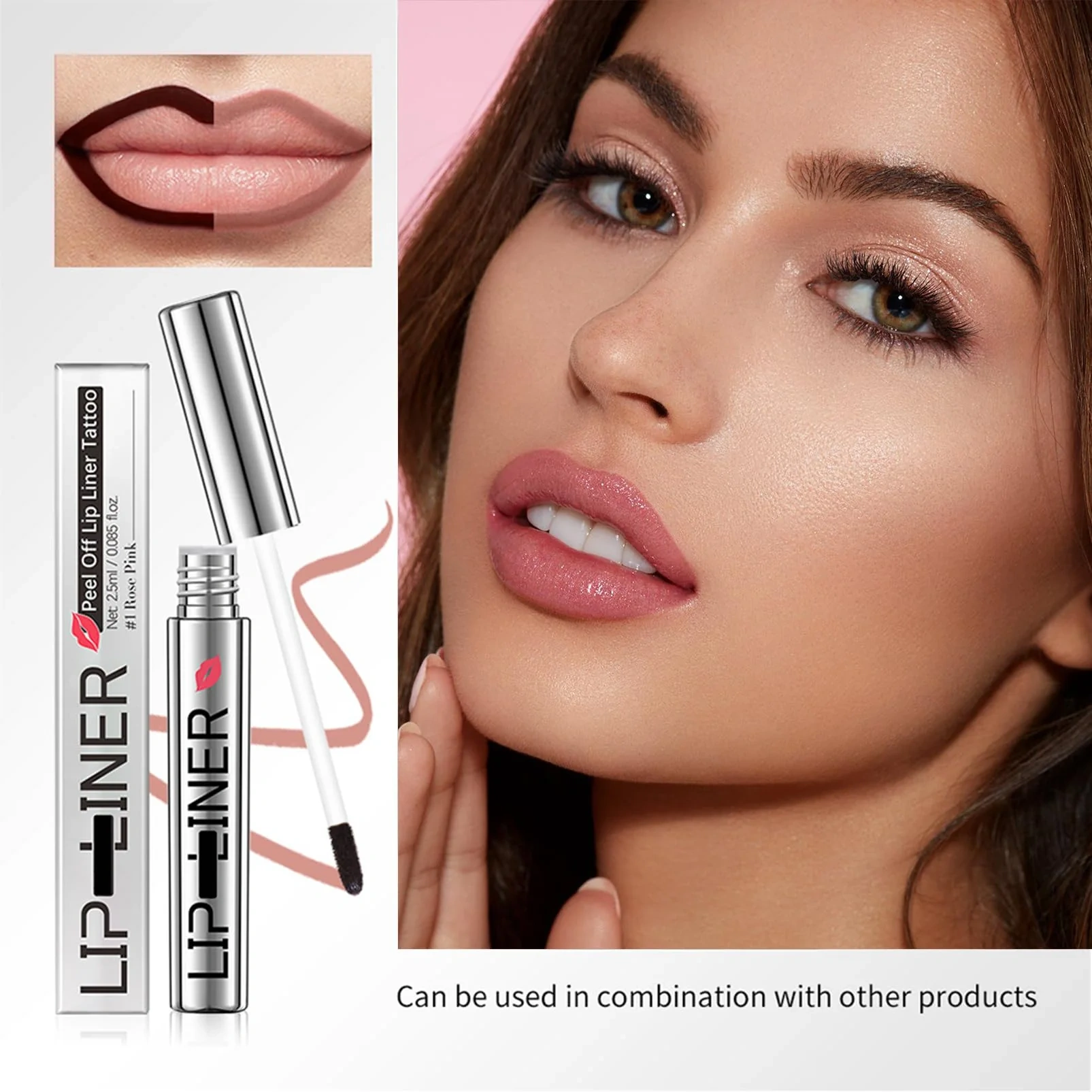 Lakerain peel-off lip liner source product graphic showing product details, usage, shade, or benefit information.