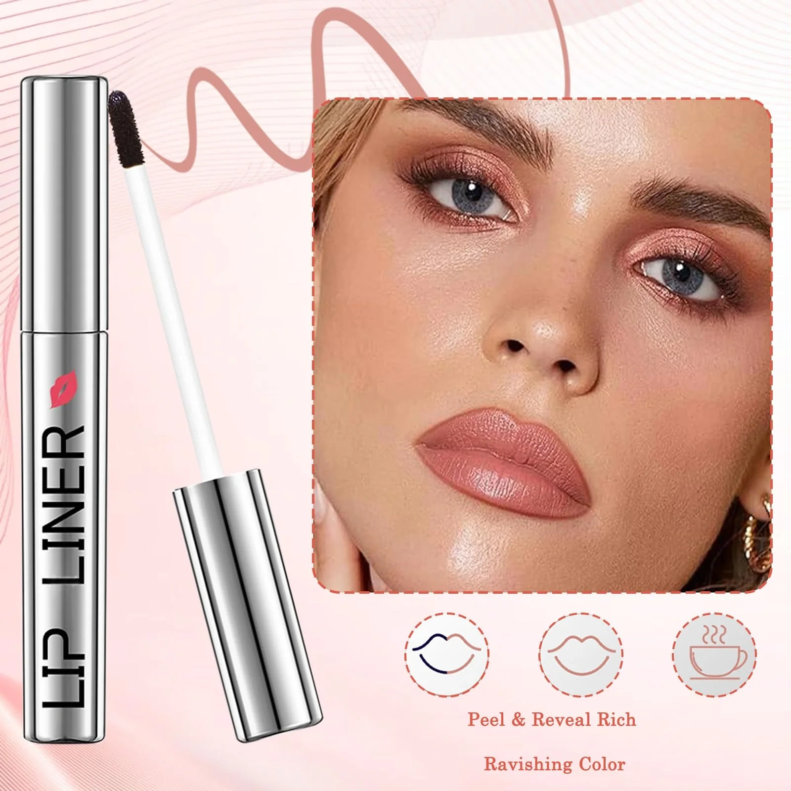 Lakerain peel-off lip liner source product graphic showing product details, usage, shade, or benefit information.