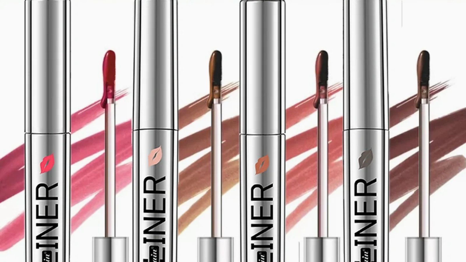 Four Lakerain peel-off lip liner tubes arranged beside a peeled rose pink lip stain swatch on a dressing table