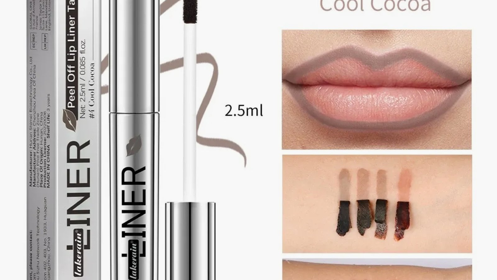 Four Lakerain peel-off lip liner shades swatched on the back of a hand, from soft rose pink to deep cocoa